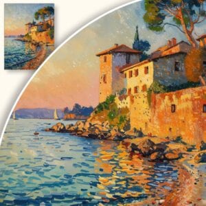 Obraz Nadmorska miejscowość o zachodzie słońca