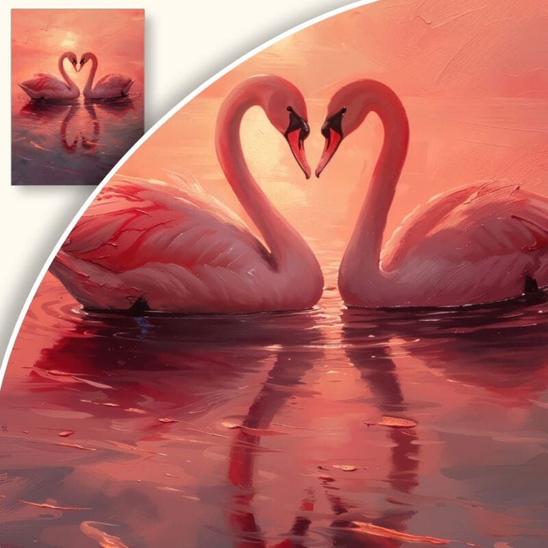 Obraz Romantyczny zachód słońca z łabędziami