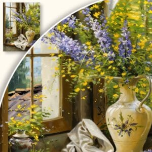 Obraz bukiet kwiatów w wazonie na parapecie