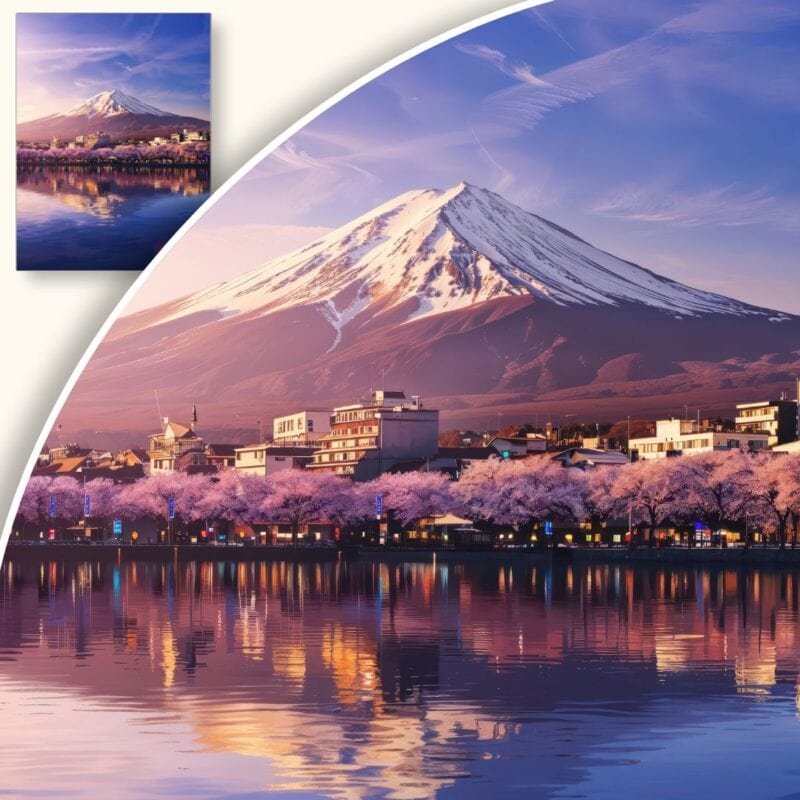 Plakat Krajobraz z Górą Fuji i Kwiatami Wiśni