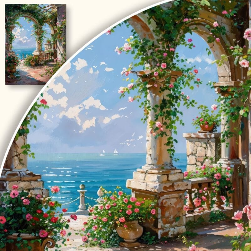 Obraz Egzotyczny ogród nad morzem z kamiennym łukiem