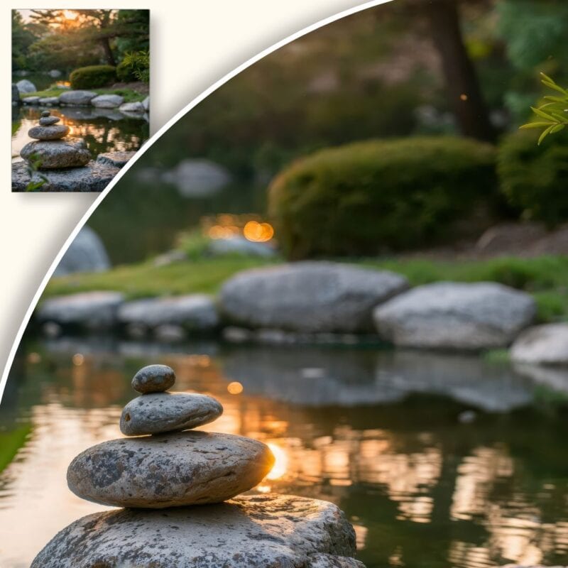 Plakat Kamienie nad jeziorem o zachodzie słońca