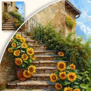 Obraz Malowniczy wiejski dom ze słonecznikami