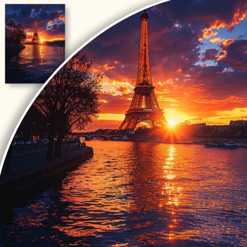 Plakat Zachód słońca nad Sekwaną i wieżą Eiffla