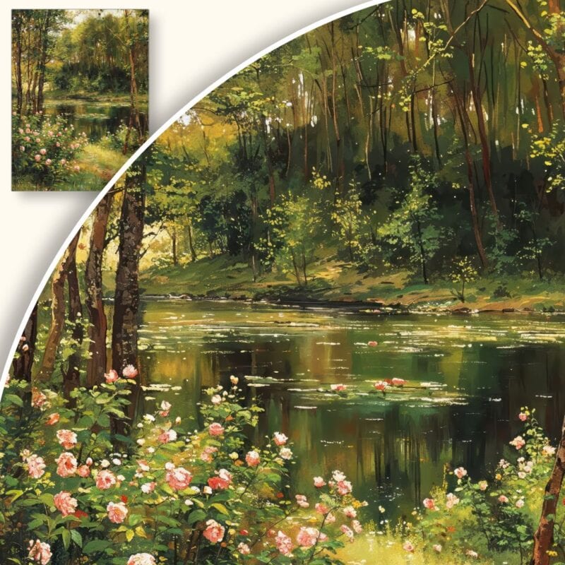 Obraz Letni krajobraz leśny ze stawem i różami