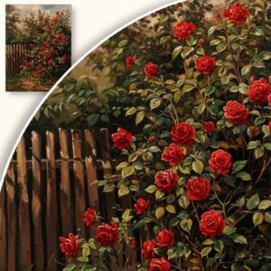 Obraz Krzew czerwonych róż przy drewnianym płocie