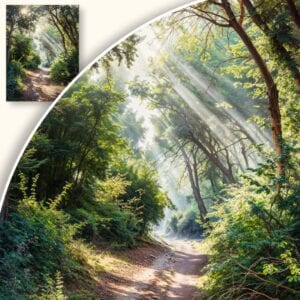 Plakat spokojna leśna ścieżka w promieniach słońca