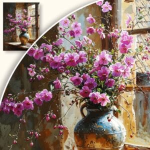 Obraz Różowe kwiaty w wazonie na parapecie